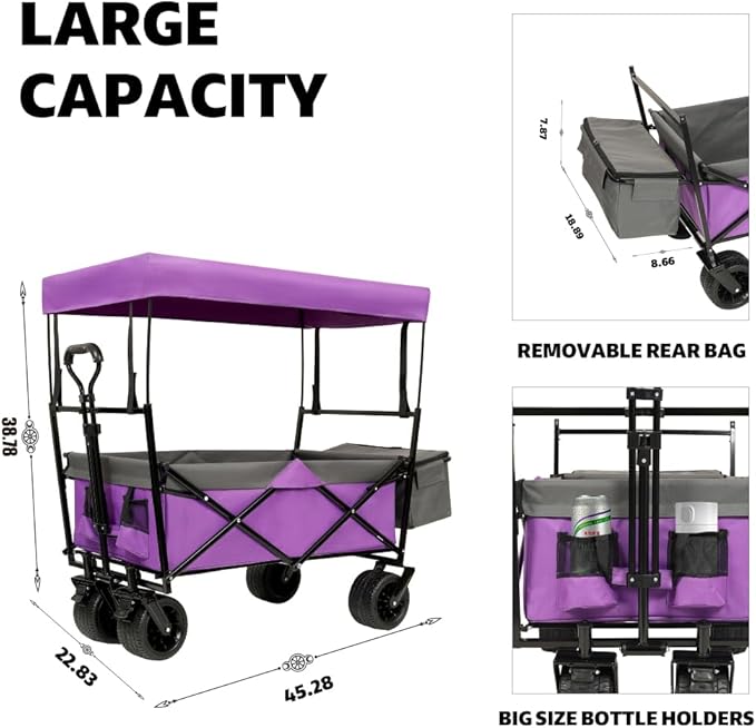 480Lbs Collapsible Kids Wagon with Canopy, Lightweight Foldable Hand Cart, Large Capacity for Camping, Shopping, Sports, and Garden Use