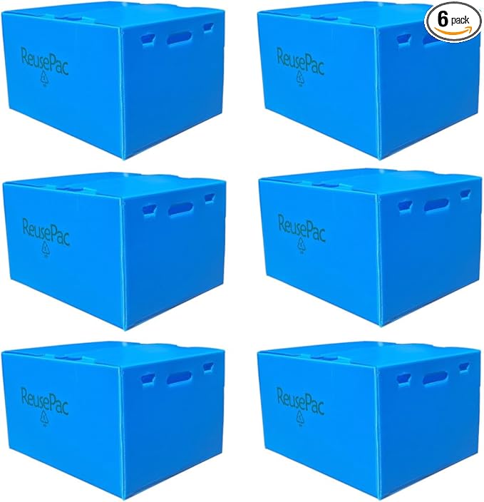 Reusable Foldable Box Corrugated PP Lightweight, Storage Moving Mailing, Heavy Duty Stackable, Tape Free Self-Locking Lid, Handles for Business Home X-Large (6 Pack Sky Blue 20x16x12 in)