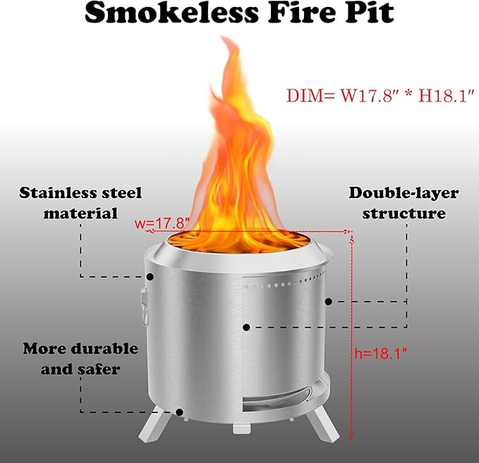 18″ Stove Smokeless Fire Pit with Stand 17.7"*18.1", Outdoor Firepit Wood Burning Design Removable Ash Pan | Stainless Steel Patio Bonfire | Wood & Pellet Fueled – Compact Camping&Patio Heater(Silver)