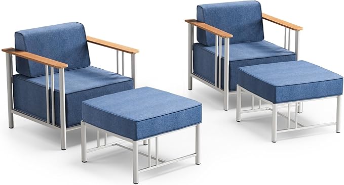 Luxury Patio Chairs with 10" Extra Thick Cushions, Outdoor Chairs with Ottomans, 4 PCS Outdoor Furniture Set for Porch, Balcony, Deck, Patio, Yard, Poolside, White/Blue