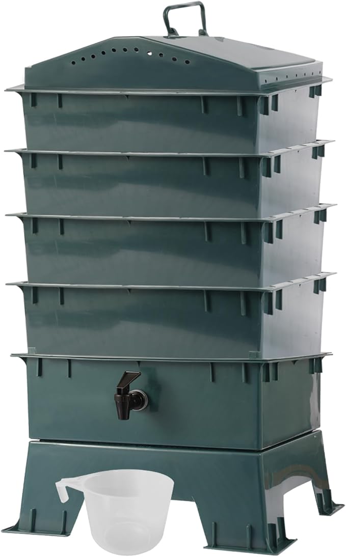 4-Tray Worm Compost Bin, Worm Composter for Outdoor & Indoor, ecocultivatify Wormie's Home, Worm Bin Set for Recycling Household Waste (Dark Green)