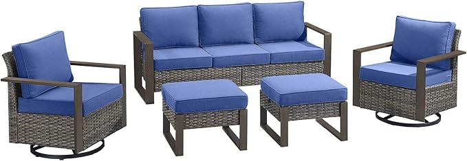 Rilyson Outdoor Wicker Patio Furniture Set - 5 Piece Patio Conversation Set with 2 Wicker Swivel Rocker Chairs,2 Rattan Ottoman and 1 Couch,Thick Cushions,Deep Seating,Wide Armrest(Mixed Grey/Blue)