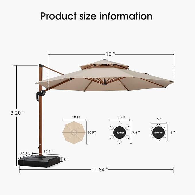PURPLE LEAF Outdoor Umbrella with Base Patio Round Umbrellas Large Cantilever Parasol Windproof Offset Heavy Duty Sun Umbrellas for Garden Deck Pool Patio,10ft Beige
