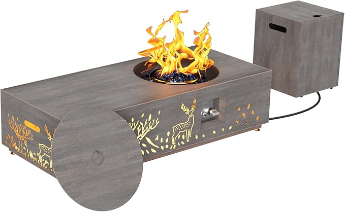 Dineli 2-Piece Outdoor Propane Fire Pit Table Set w Tank Table 48'' Rectangular Firepit Gas Fire Pits for Outside Patio Fire Table w LED, 50,000 BTU (Gray, Deer Cutout with Warmlight)