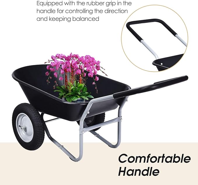 Goplus Dual Wheel Wheelbarrow, Heavy Duty Garden Cart, 330 lbs Capacity Utility Cart with Two 13 inches Pneumatic Tires for Outdoor Lawn Yard Farm Ranch Black