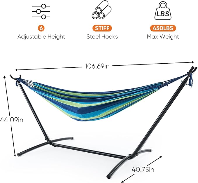 Sweetcrispy Double Hammock with Space Saving Steel Stand Heavy Duty 2 Person Standing Hammocks 450lb Capacity for Outside Garden Yard with Portable Carrying Bag