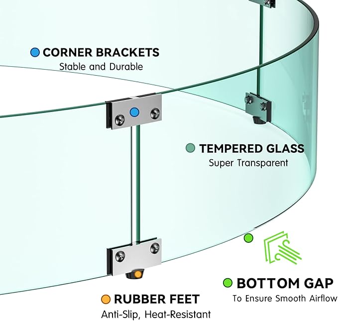 Skyflame 47" Round Fire Pit Glass Wind Guard, Thick & Clear Tempered Glass Fire-Resistant Wind Screens with Bracket & Feet, for Outdoor Fire Table/Fire Pit Pan