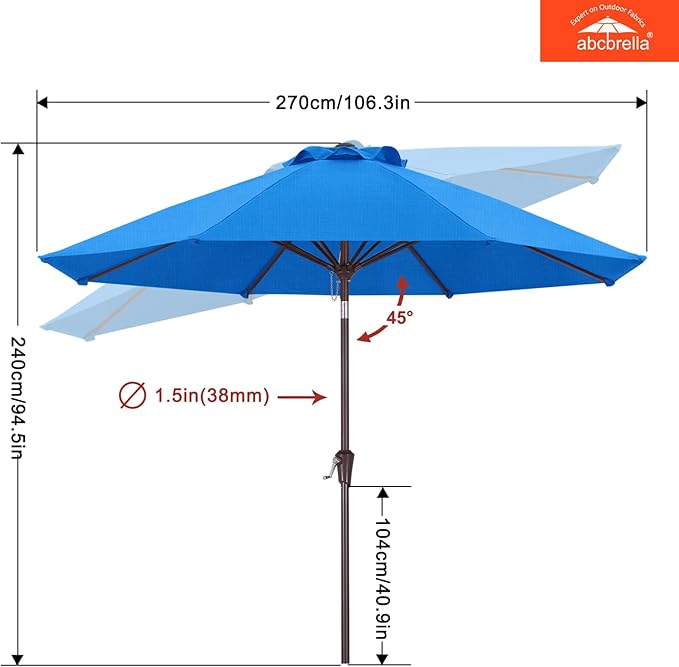 ABCCANOPY OLEFIN® 5-Year No Fading 9FT Patio Umbrella, Outdoor Table Umbrella with 8 Sturdy Ribs for Deck, Backyard, Yard (Sky Blue)