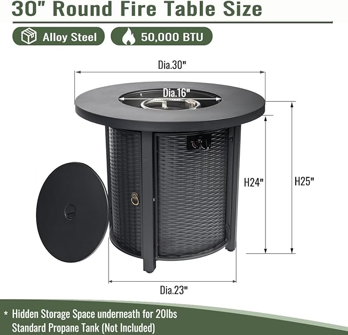 30" Propane Gas Fire Pit Table, 50000 BTU Round Steel Fire Pit Steel Lid & Lava Rock for Outside Patio Deck Garden Courtyard-Black