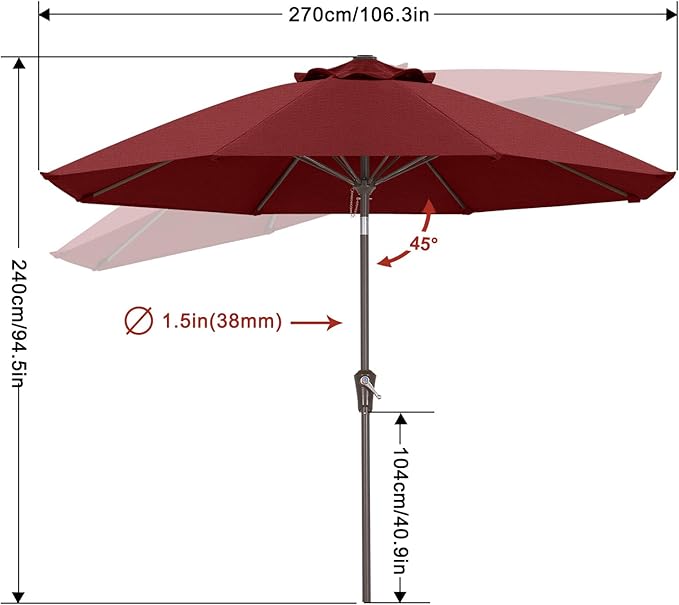 ABCCANOPY 10-Year No Fading 9FT Patio Umbrella, Acrylic Outdoor Table Umbrella with 8 Sturdy Ribs for Deck, Backyard, Garden, Yard (Burgundy)