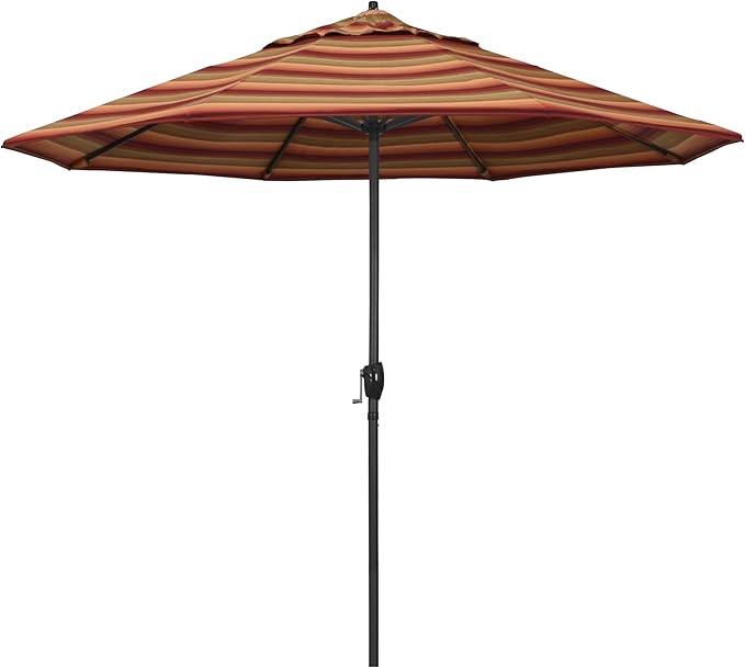 California Umbrella 9' Rd Aluminum Patio Umbrella, Crank Lift, Auto Tilt, Black Finish, Sunbrella Astoria Sunset