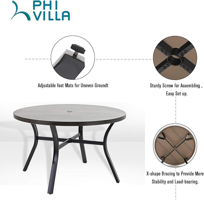 PHI VILLA 44 Inch Large Metal Round Table for 4, Wood-Like Top Patio Table with Umbrella Hole, Large Modern Furniture for Deck, Porch, Yard - Black