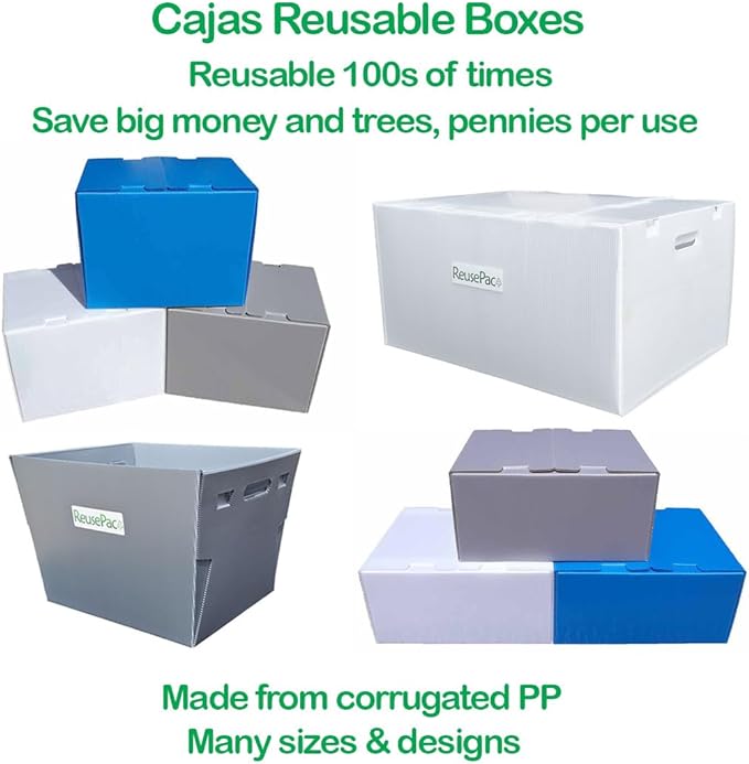 Reusable Foldable Box Corrugated PP Lightweight, Storage Moving Mailing, Heavy Duty Stackable, Tape Free Self-Locking Lid, Handles for Business Home X-Large (6 Pack Gray 20x16x12 in)
