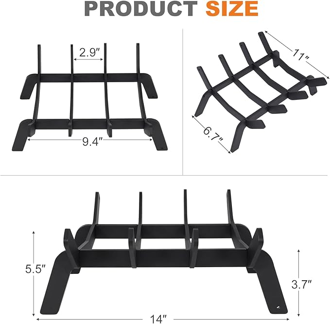 1MORE Fireplace Grates 14 Inch - Heavy Duty Steel Fireplace Rack | Fireplace Log Holder for Indoor | Small Fire Place Grate| Fireplace Racks for Inside Fireplace| Firewood Grate| Wood Stove Grate