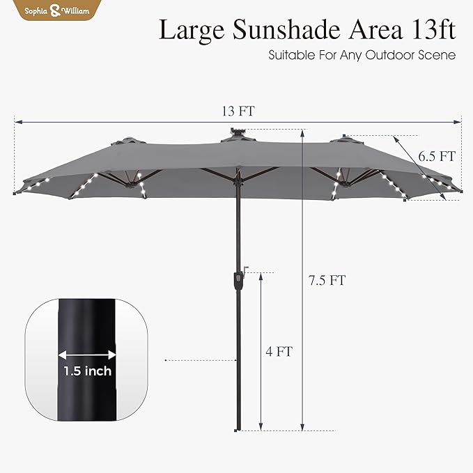 Sophia & William 13ft Outdoor Patio Umbrella with Solar Lights, Large Double-sided Umbrella with LED Lights, Perfect for Garden, Deck, Pool, Smoky Gray