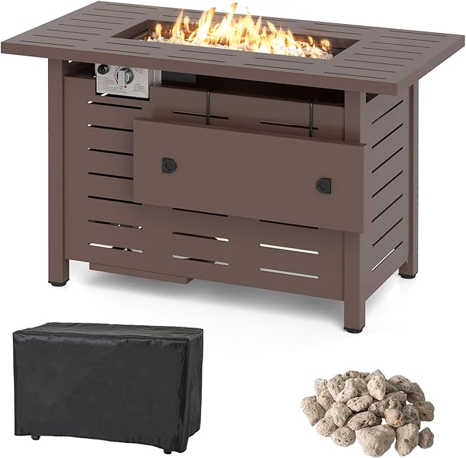Tangkula Outdoor Propane Fire Pit Table, 40 Inch ETL Certified Outside Rectangle Gas Fire Table with Lava Rocks, Removable Lid and Protective Cover for Patio, Garden, Deck and Backyard (Brown)
