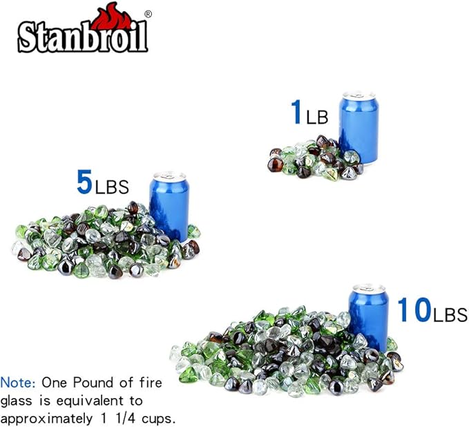 Stanbroil 10-Pound Blended Fire Glass Diamonds - 1/2 inch Fire Glass Blended Emerald Green, Crystal Ice, Amber Luster for Indoor and Outdoor Gas Fire Pits and Fireplaces