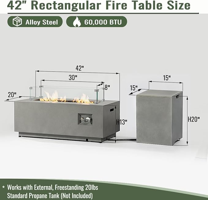 Propane Fire Pit Table 2-Pieces, 42 Inch Firepits for Outside, Rectangular Gas Fire Pit for Outside Patio, Propane Fire Table with Tank Cover for Patio, Backyard, 50000BTU, Gray