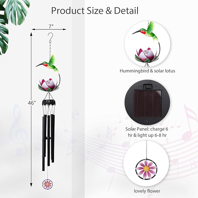 MUMTOP Solar Wind Chimes for Outside - Hummingbird with Lotus Crack Glass Ball Lights Wind Chimes Outdoor Unique, Windchimes Clearance for Garden, Patio,Yard Decor Gift