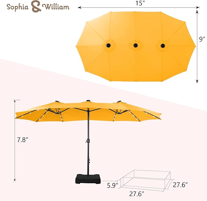 Sophia & William 15 ft Extra Large Patio Umbrella with Solar Lights, Rectangular Outdoor Umbrella with Base Included, Market Umbrella Double-sided Heavy Duty for Pool Garden Backyard, Golden yellow