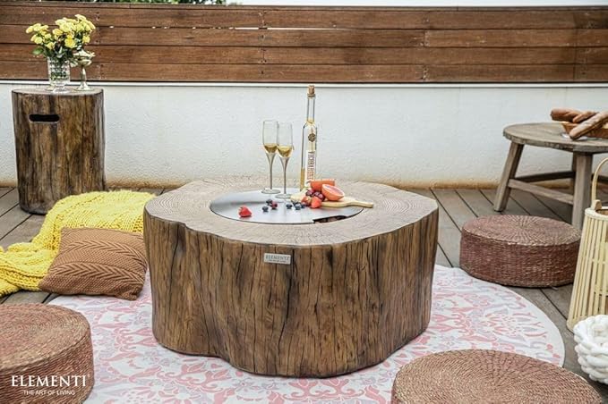 Elementi Lunar Bowl Cast Concrete Fire Table Bundle, Outdoor Fire Pit Fire TablePatio Furniture, Light Gray (Natural Gas)