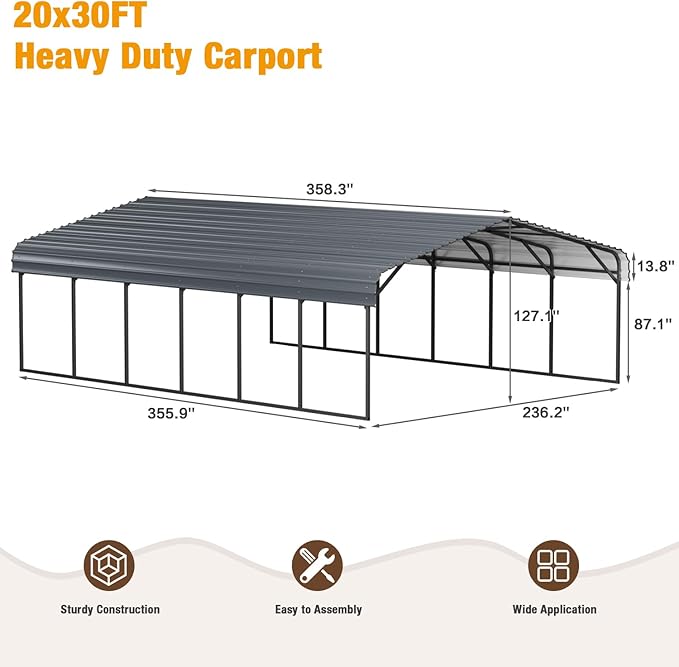 EBE 20'x30' Metal Carport, Heavy Duty Carports Canopy with Galvanized Steel Roof, Outdoor Carport Metal Garage Shelter Shade 2 Cars, Truck, Boat, SUV
