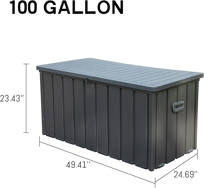 CHUNLY 100 Gallon Outdoor Waterproof Deck Box with Lockable Resin Lid, Storage Bench w/Mobility Rollers, All-weather Patio Storage Box for Outside Furniture Cushions, Garden Tools (Dark Gray)