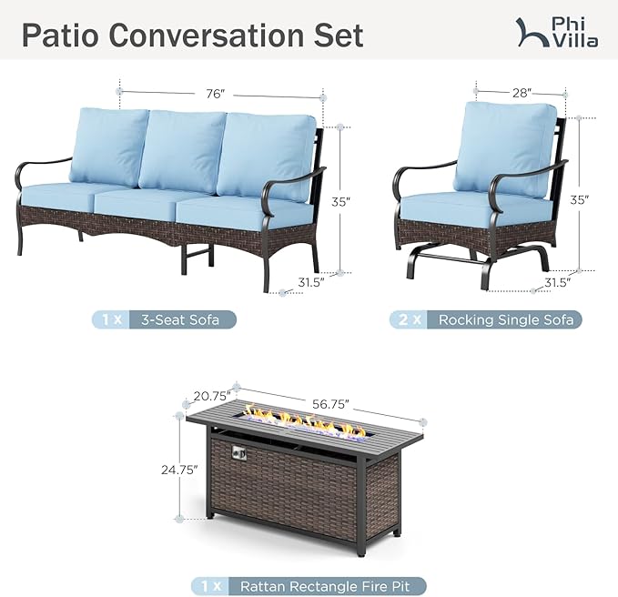 Patio Furniture Set with 56" Fire Pit Table, Premium Outdoor Wicker Metal Frame Furniture with Upgraded Waterproof Thick Cushions for Porch, Poolside, Deck, and Yard （4 Pieces,Blue）
