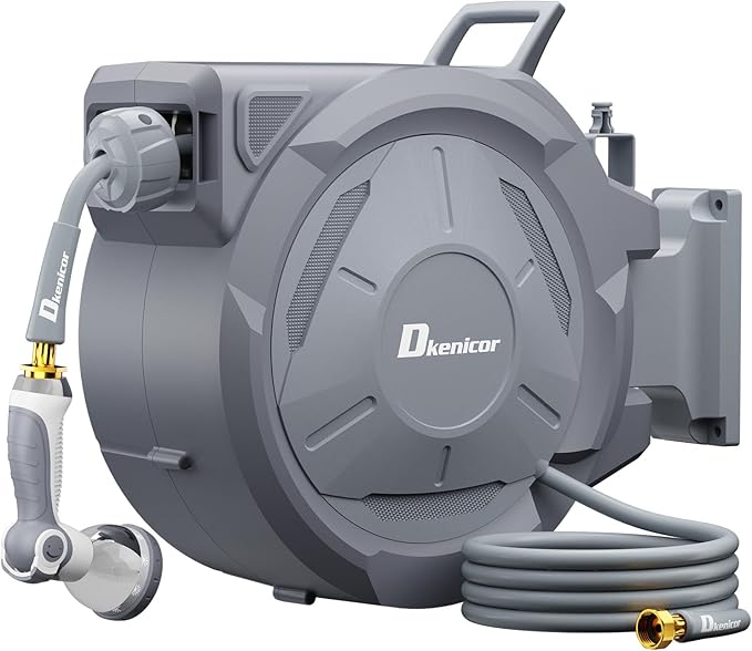 5/8" x 75 ft Retractable Hose Reel, Heavy Duty Retractable Garden Hose Reel Wall Mounted with 10-Pattern Hose Nozzle/Any Length Lock/Slow Return System/180°Swivel Bracket