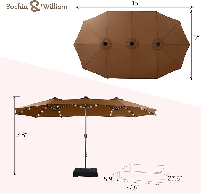 Sophia & William 15 ft Extra Large Patio Umbrella with Solar Lights, Rectangular Outdoor Umbrella with Base Included, Market Umbrella Double-sided Heavy Duty for Pool Garden Backyard, Tawny