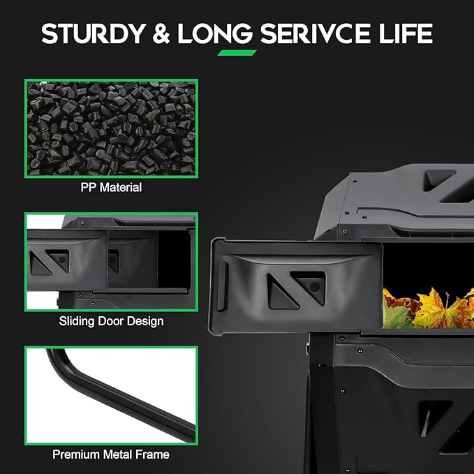 Saicool 43 Gallon Large Composting Tumbler Dual Chamber Outdoor Garden Rotating Compost Bin Tumbling Composter with Sliding Door,Black