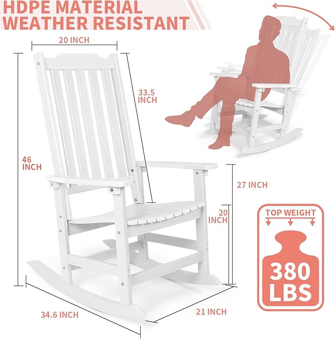 Outdoor Rocking Chair, Oversized All Weather High Back Porch Rocker, Patio Rockers for Outside