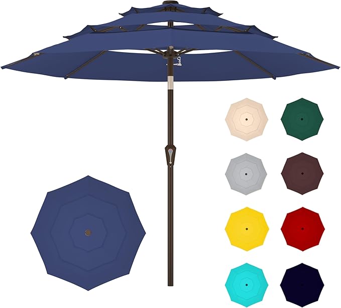 Ayge 9FT 3-Tier Large Outdoor Patio Umbrella Market Table Umbrella-UV Resistant,Easy Push Button Tilt and Crank,8 Sturdy Fiberglass Ribs Heavy-Duty Pool Umbrella for Deck,Backyard,Garden,Yard,Navy