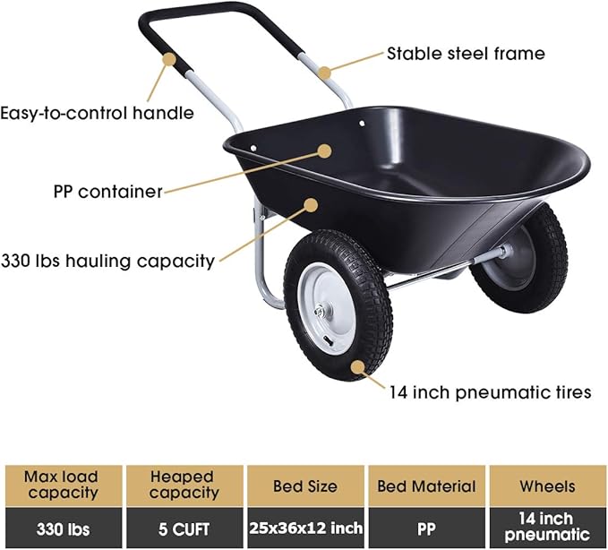 Goplus Dual Wheel Wheelbarrow, Heavy Duty Garden Cart, 330 lbs Capacity Utility Cart with Two 13 inches Pneumatic Tires for Outdoor Lawn Yard Farm Ranch Black