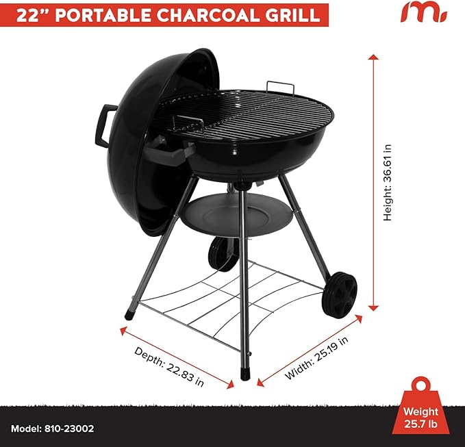 Megamaster 22" Heavy Duty Charcoal Barbecue Grill with Adjustable Air Vent, 354 SQ. In Cooking Area, Storage Rack, 2 Wheeled Portable Grill for Camping, Outdoor Cooking, and More - 810-23002