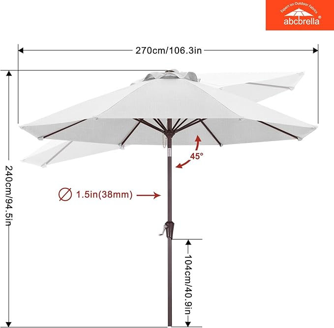 ABCCANOPY OLEFIN® 5-Year No Fading 9FT Patio Umbrella, Outdoor Table Umbrella with 8 Sturdy Ribs for Deck, Backyard, Picnic (White)