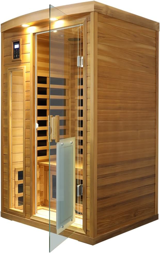 2 Person Low EMF Infrared Sauna for Home, Red Cedar Wood Far Infrared Saunas, 1750watt Indoor Personal Sauna Room with Door Heating Panels, Glass Door, Blue-tooth, Dual Control, Outdoor Lamps