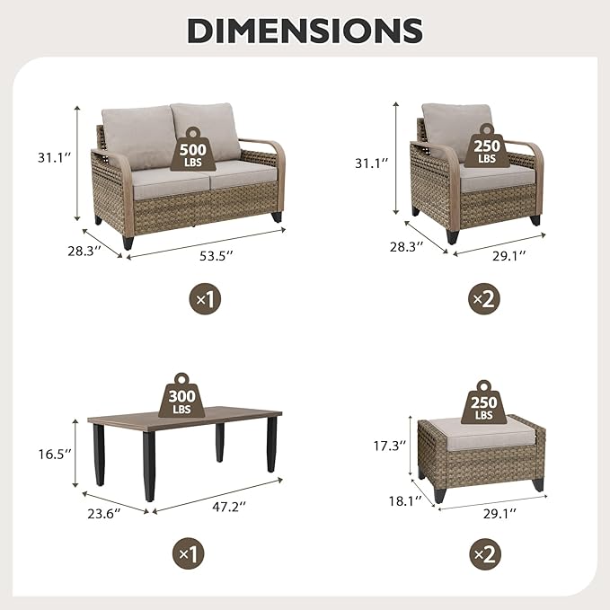 EAGLE PEAK Modern Wicker Outdoor Patio Furniture Set, Patio Conversation Set, 2 Chairs, 2-Seat Loveseat, 2 Ottomans and Coffee Table, 6 Pieces, Brown/Gray