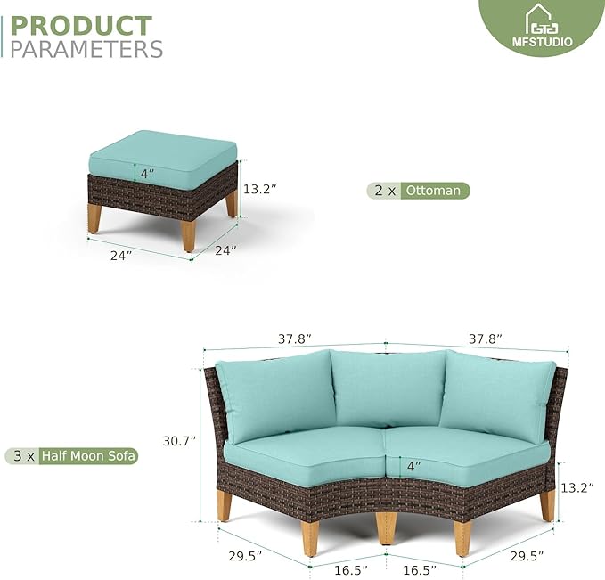 MFSTUDIO 8 Pieces Wicker Patio Furniture Set, All-Weather Rattan Outdoor Half-Moon Sectional Sofas Patio Conversation Set for Garden, 3 x Curved Sofa, 2 x Ottomans(Aqua Blue Cushion)