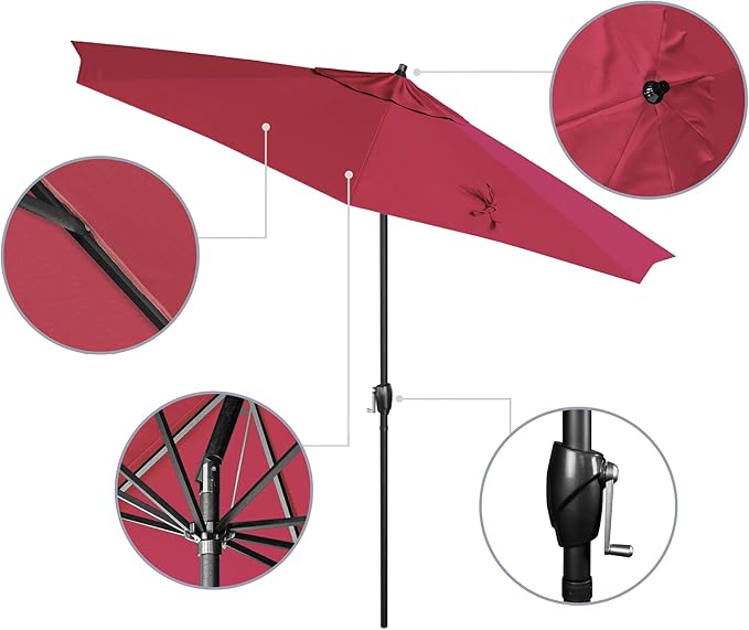 California Umbrella 9' Rd Aluminum Patio Umbrella, Crank Lift, Auto Tilt, Black Finish, Sunbrella Hot Pink