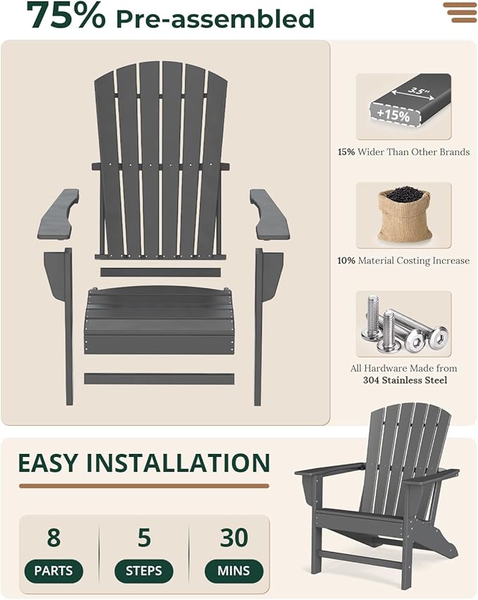 BRIOPAWS Adirondack-Chairs-Set of 4 | Fire Pit Chair | Oversized | HDPE Plastic | Weather Resistant | for Deck Outdoor Poolside Campfire | Grey