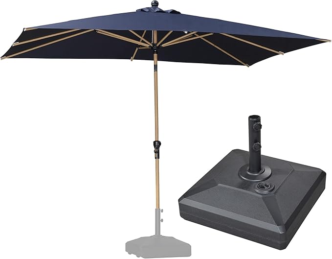 PURPLE LEAF 6' x 9' Patio Umbrella with Base Market Umbrella Rectangular Outdoor Umbrella with Push Button Tilt & Crank and 8 Ribs Aluminum Table Umbrella for Pool Backyard Beach, Navy Blue