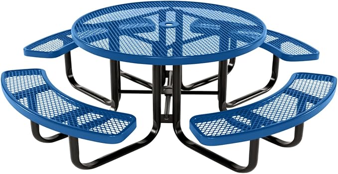 COATEDOUTDOORFURNITURE Heavy-Duty Portable Outdoor Kids Table with Umbrella Hole, Expanded Metal Kids Picnic Table, Commercial-Grade, Made in America (46 in, Round, Childrens, Textured Light Blue)