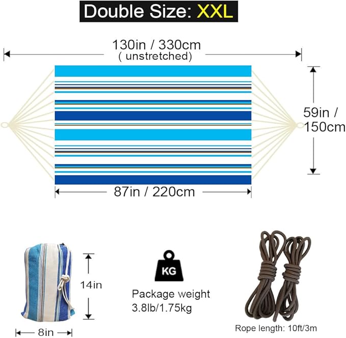 GOCAN Double Hammock 2 Person Extra Large 330X150cm Load Capacity 600Pound Canvas Cotton Hammock for Patio Porch Garden Backyard Lounging Outdoor and Indoor XXL