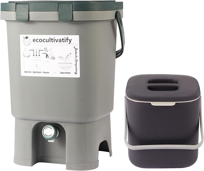 Bokashi Compost Bin, 4.7 Gallon Bokashi Composter with Bokashi Bran, Indoor Compost Bin, Kitchen Countertop Compost Bin with Lid, Kitchen Composter, Outdoor Bokashi Composter Starter