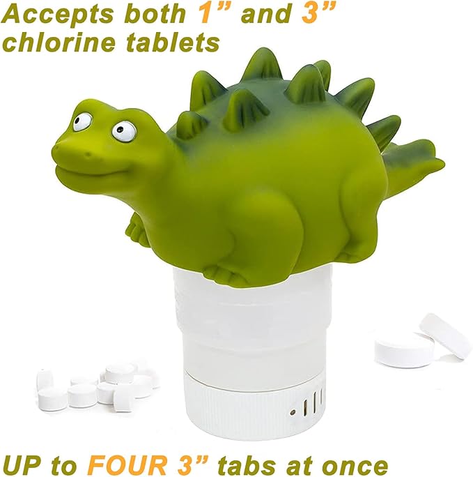 WWD POOL Pool Chlorine Floater, Floating Pool Chlorine Dispenser (Green Dinosaur), Fits 1 and 3 Inch Tablets for Large and Small Pools, Spa, Hot Tub