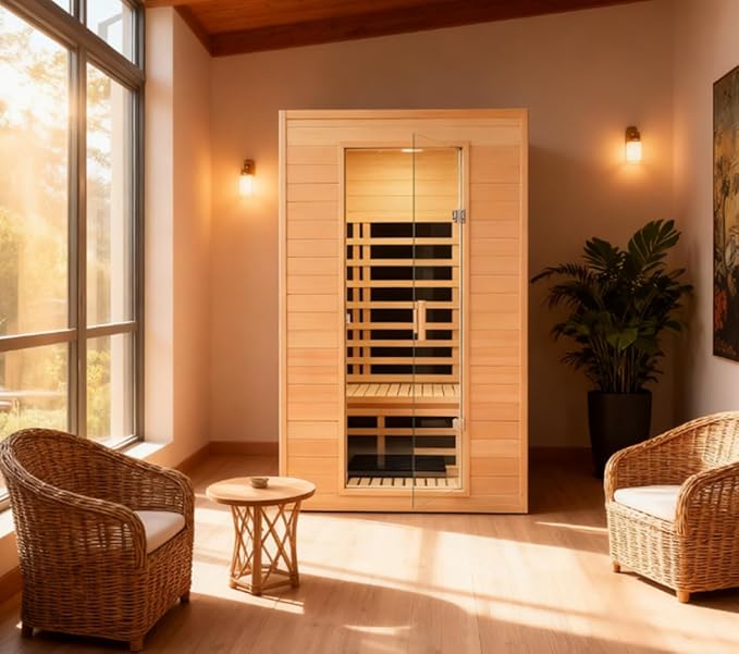 2 Person Infrared Sauna with Wood Backrest, 1500Watt Low EMF Far Infrared Sauna for Home Spa, Hemlock Indoor Personal Sauna with Blue-Tooth Speaker, 2 Reading Lights,1500W/120V/15A