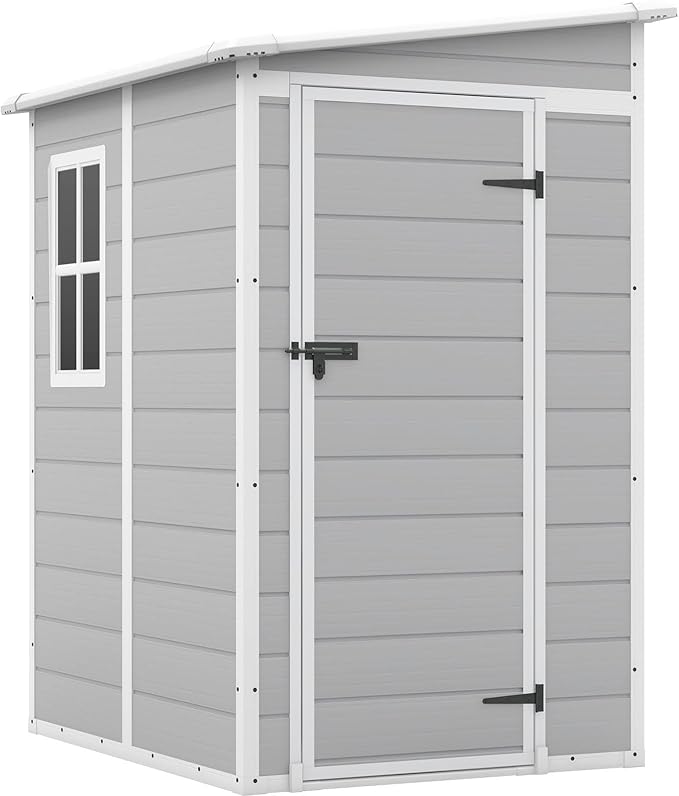 Patiowell 5x4 FT Outdoor Storage Shed, Resin Storage Shed with Floor & Lockable & Window Door for Patio Furniture, Garden Tools and Bicycle, Light Gray