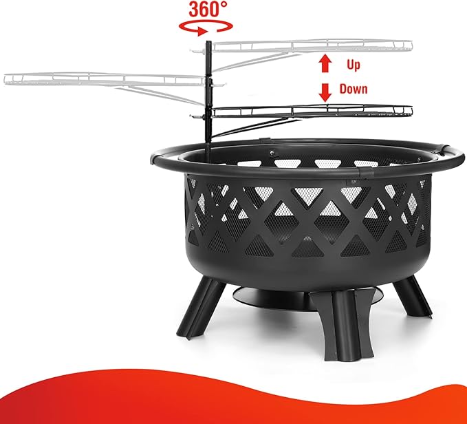 SINGLYFIRE 30 Inch Fire Pits for Outside with Grill Outdoor Wood Burning Firepit Large Steel Firepit Bowl for Patio Backyard Picnic Garden with Swivel BBQ Grill, Ash Plate,Spark Screen, Poker