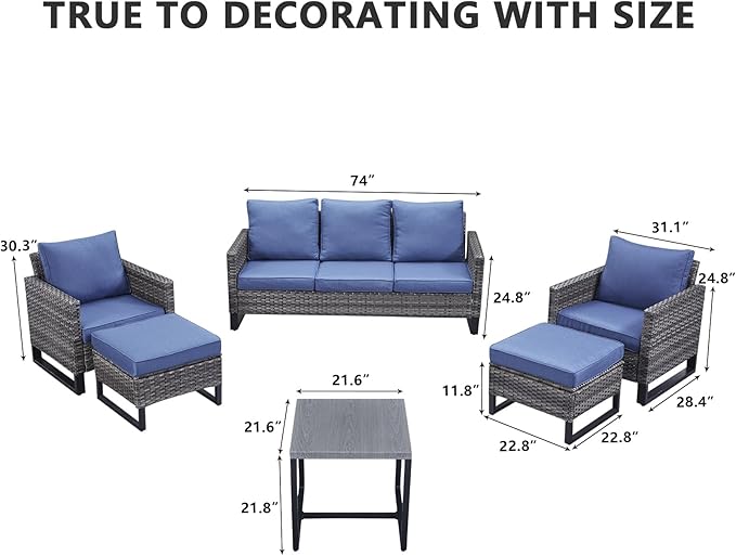 HUMMUH 6 Piece Patio Furniture Outdoor Sectional Sofa Set All-Weather Wicker Outdoor Chairs with End Table Ottomans for Patio,Porch,Garden,Backyard